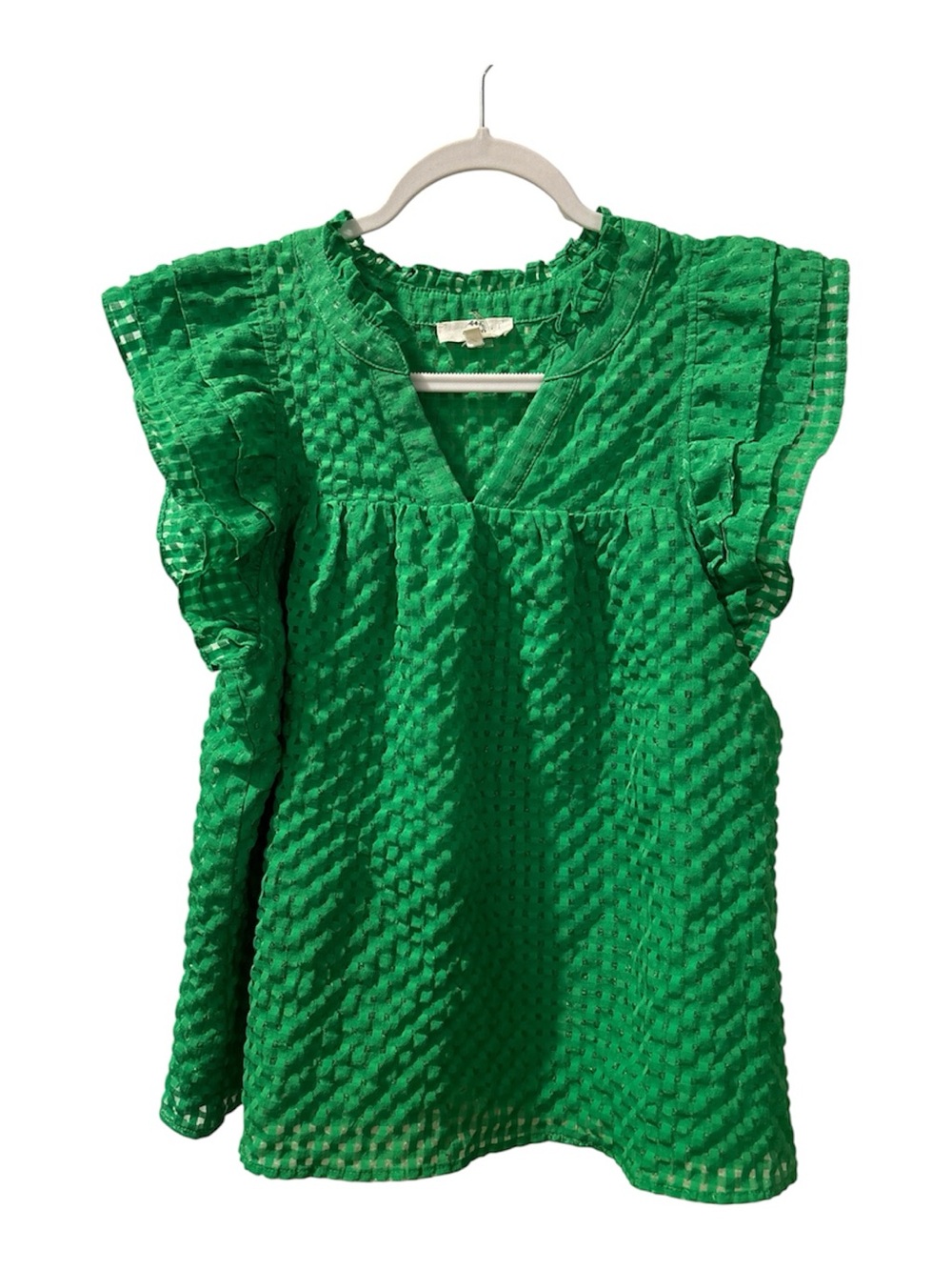 Entro Kelly Green Seersucker Plaid Ruffle Flutter Sleeve Top L